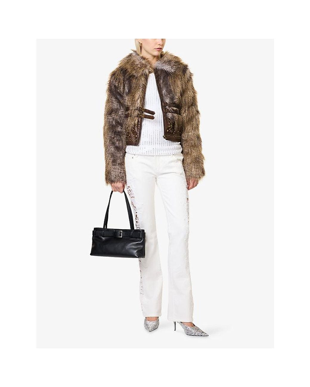 Jaded London Brown Imber Studded Faux-Fur And Faux Leather Jacket