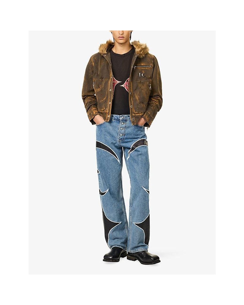 THUG CLUB Blue Leather-Panel Straight-Leg Denim Jeans for men