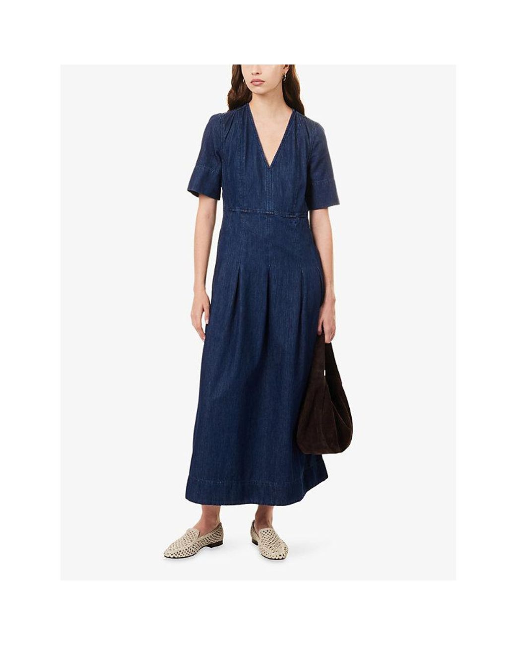 ME+EM Blue V-Neck Flared Denim Maxi Dress