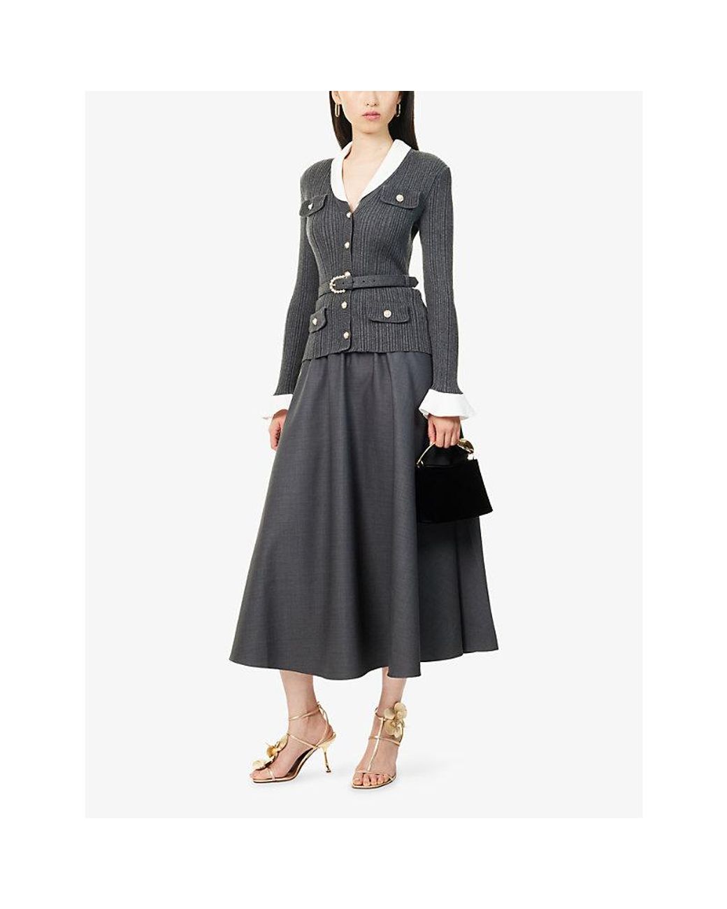 Self-Portrait Gray Belted Ribbed-Knit Midi Dress