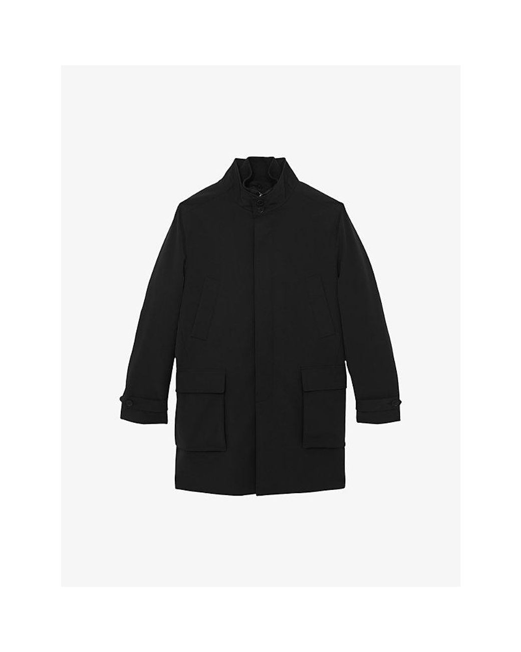 Reiss Black Player Hybrid Removable Funnel-Neck Woven Overcoat for men