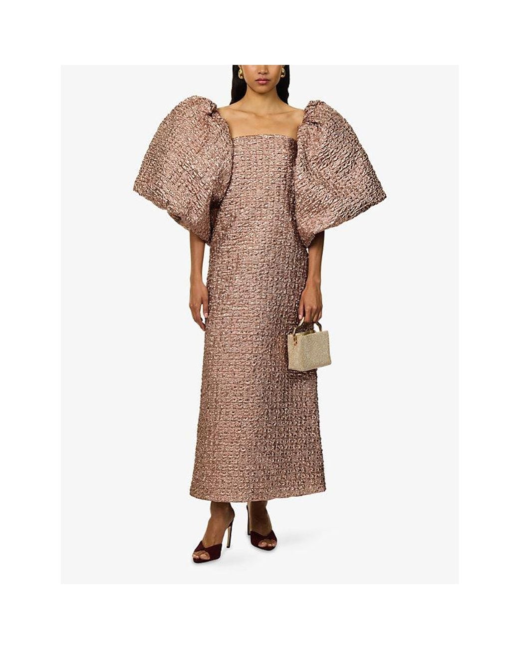 Dima Ayad Natural Metallic Strapless Puff Sleeves Woven Dress
