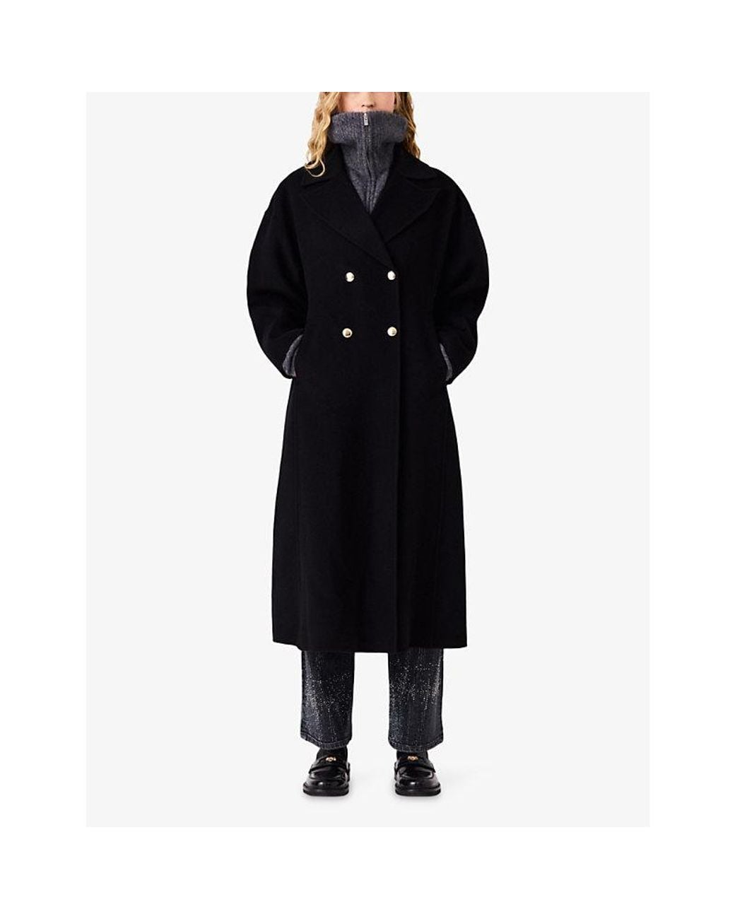 Maje Black Balloon-Sleeve Double-Faced Wool Coat