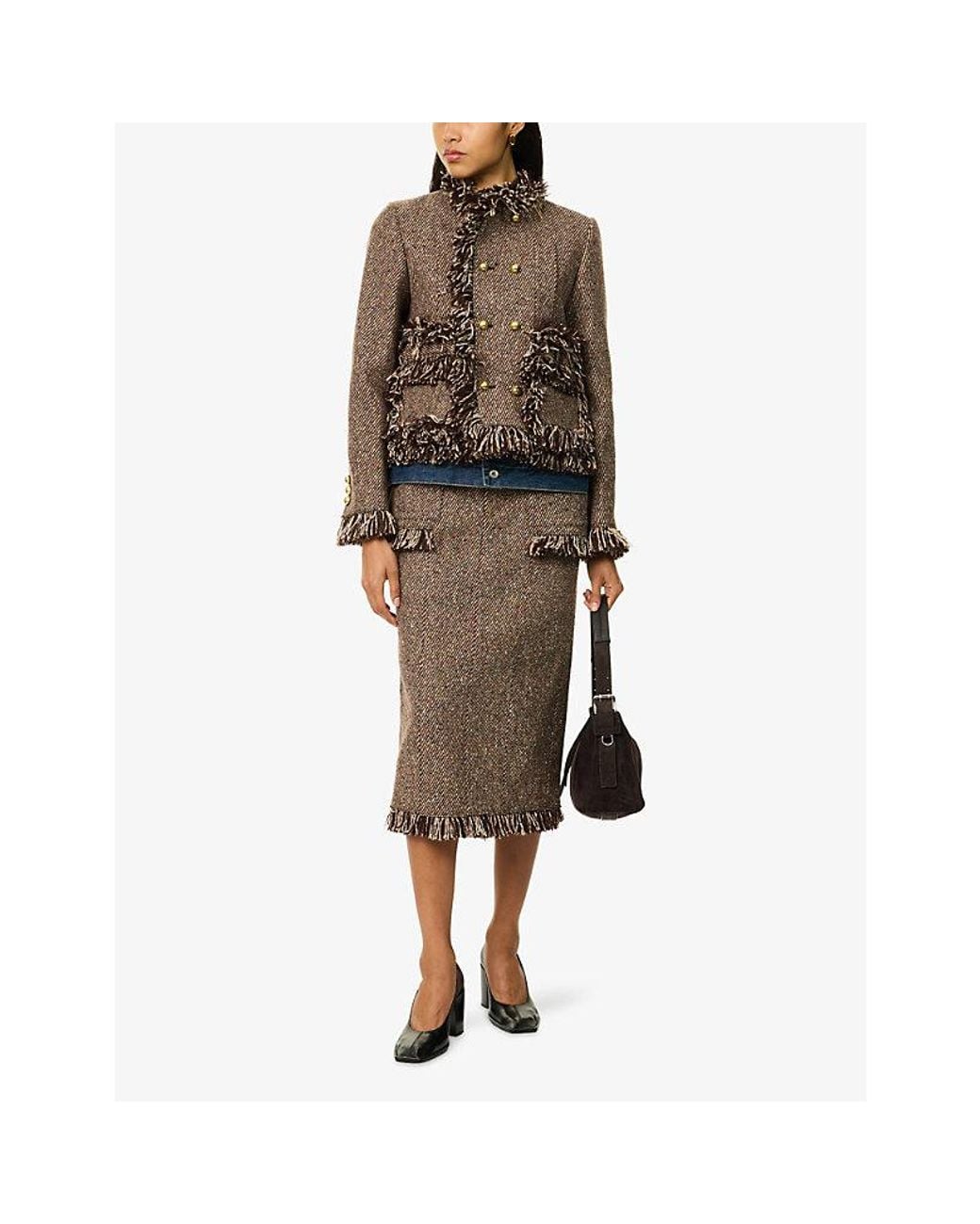 Sacai Brown Tweed Wool-Blend Midi Skirt