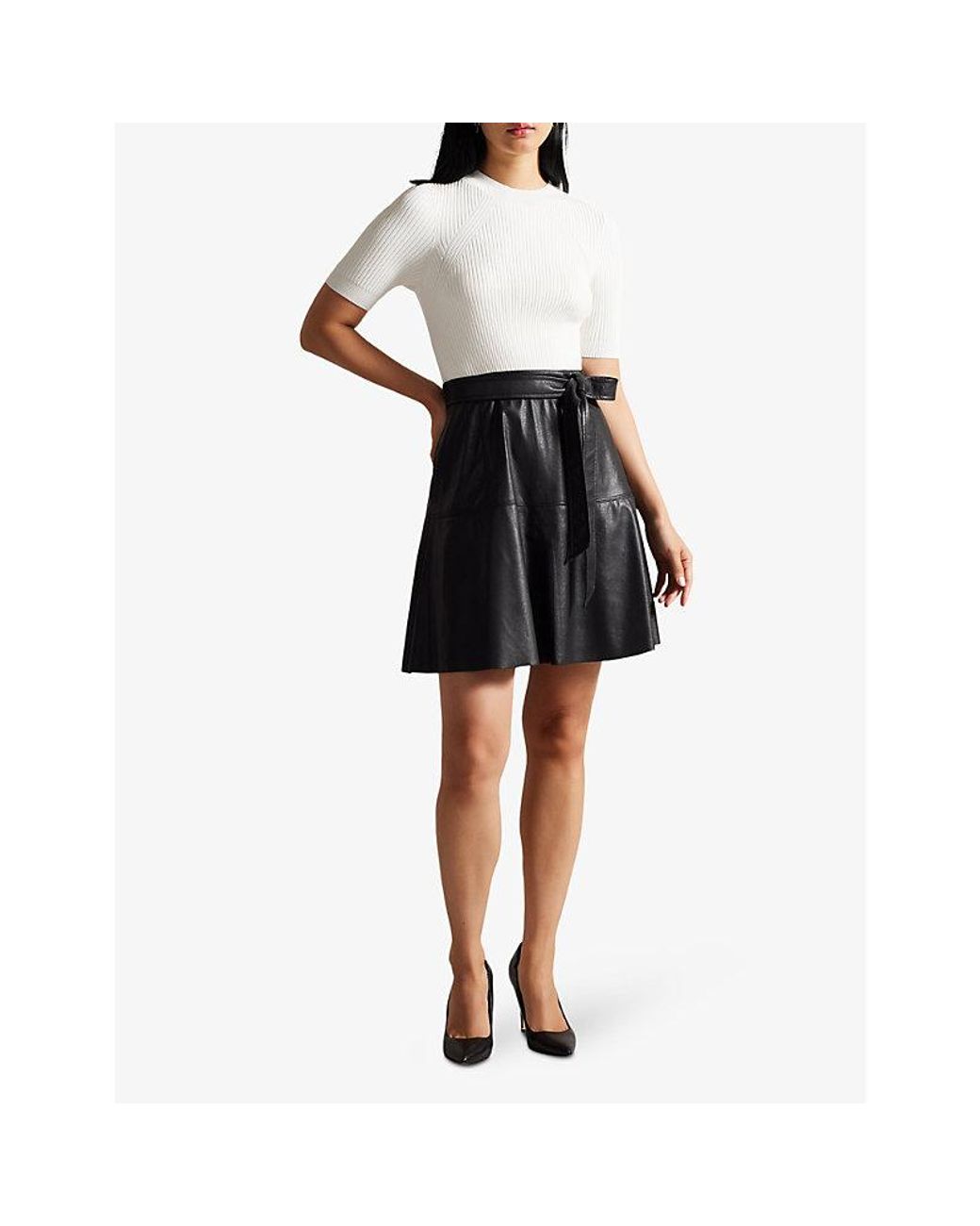 chinese dress ladies Shop Oliyia Knit Bodice Faux Leather Skirt Mini Dress Navy for Women Online