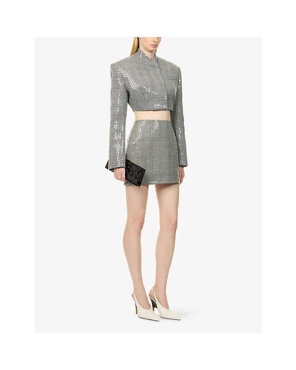 David Koma Gray Sequin-Embellished Cropped Wool Jacket