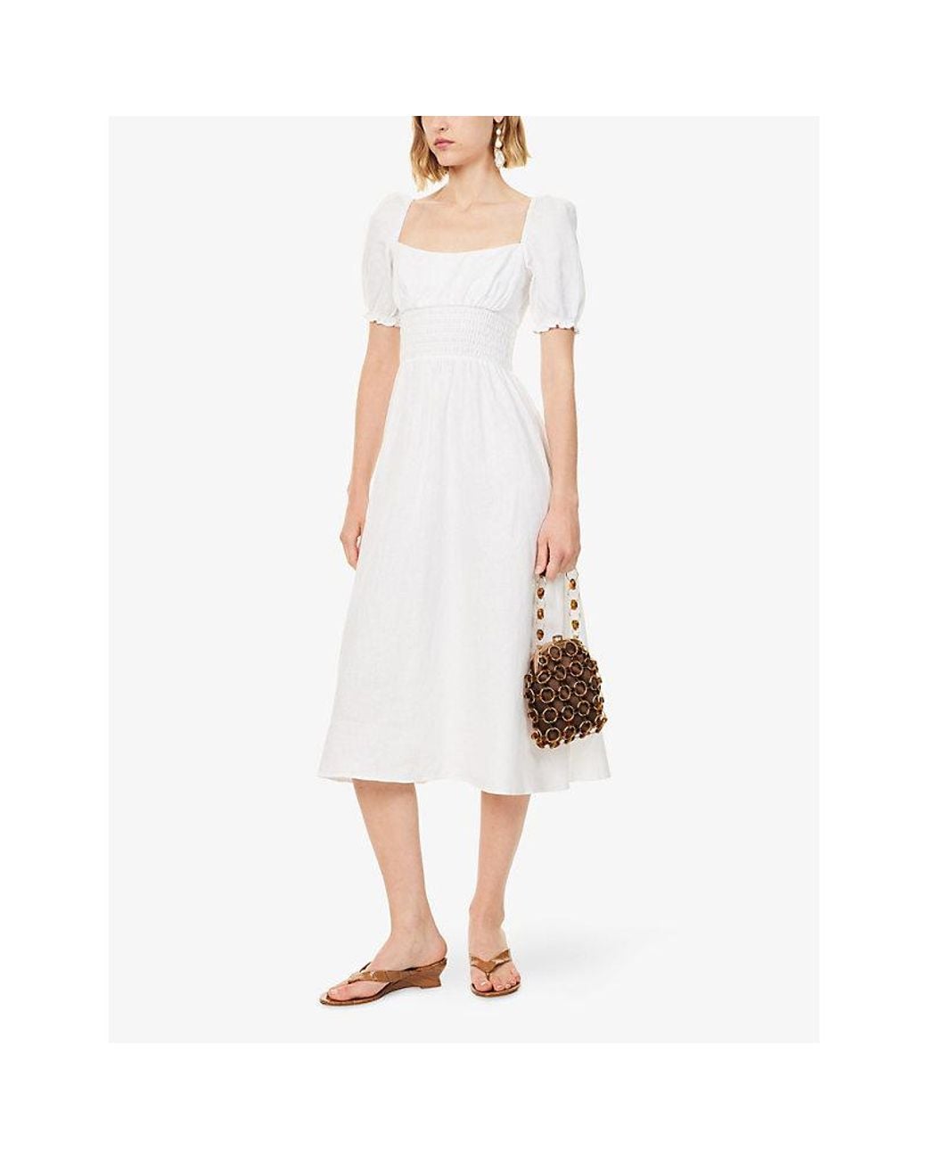 Reformation White Adler Puff-Sleeve Linen Midi Dress