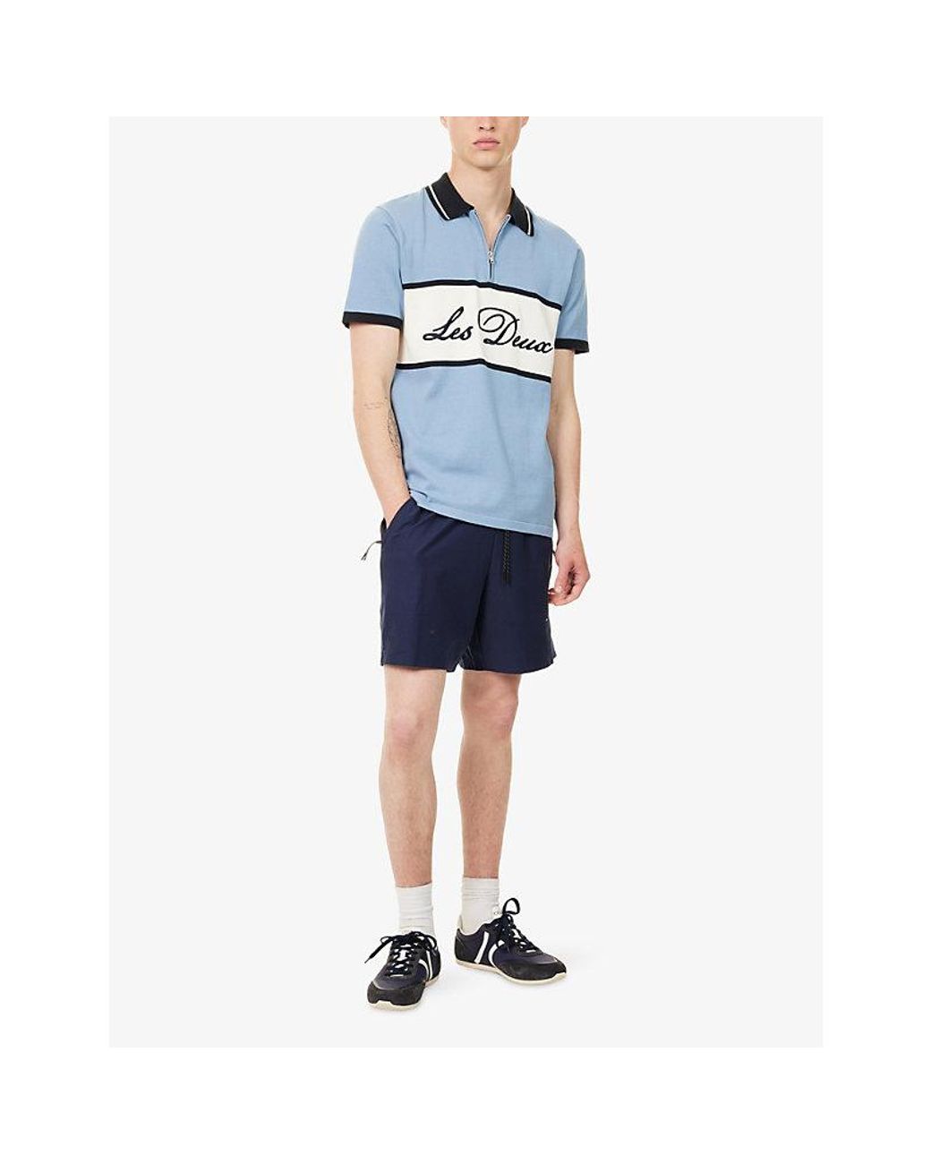 Les Deux Blue Knitted Zipper Cotton Polo T-Shirt for men
