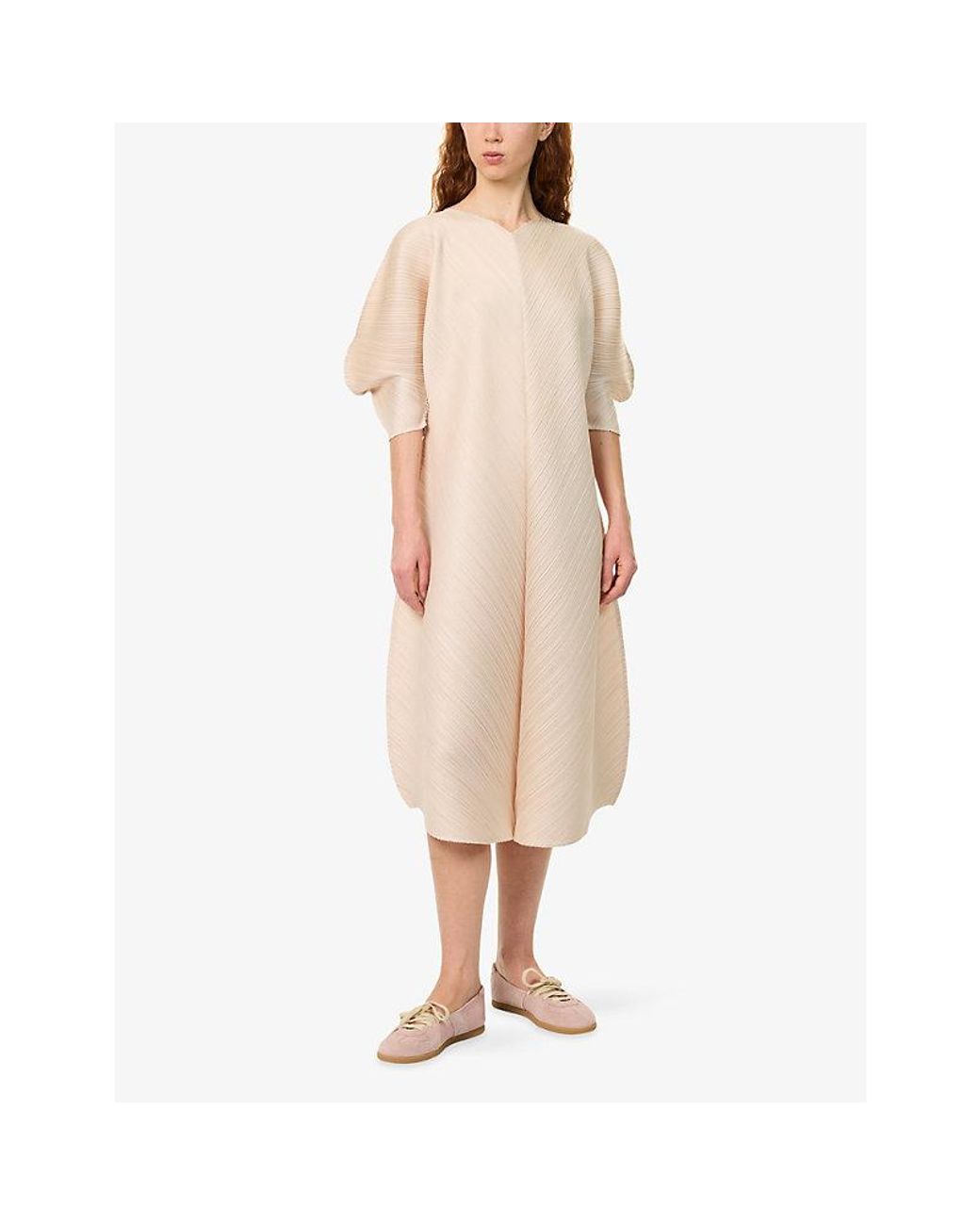 Pleats Please Issey Miyake Natural Curved-Sleeve Knitted Midi Dress