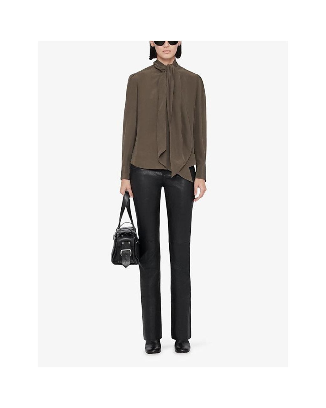 AllSaints Brown Iris Tie-Neck Long-Sleeve Silk Shirt