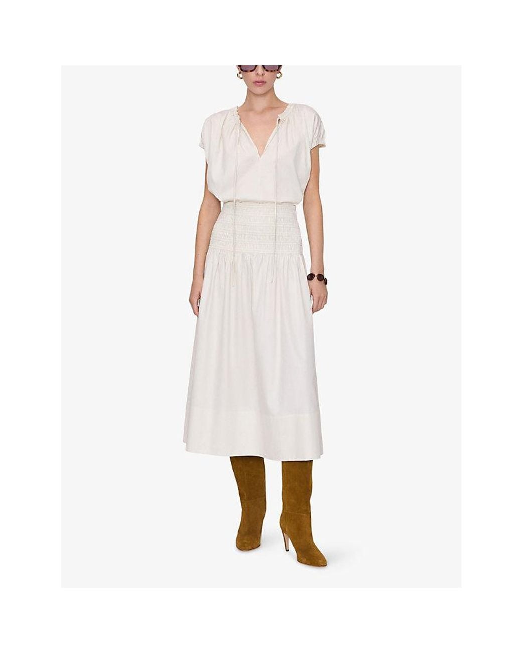 Joseph White Leona Shirred-Waist Cotton-Sateen Midi Skirt