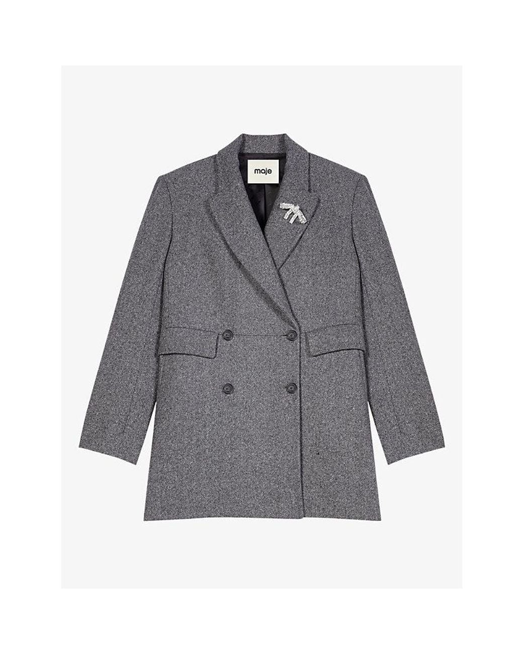 Maje Gray Double-Breasted Longline Wool-Blend Coat