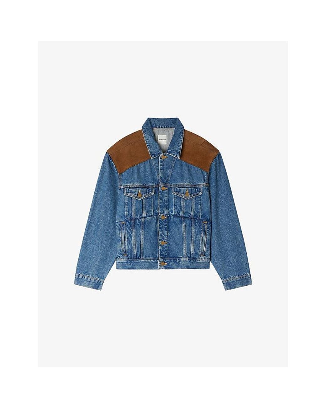 Sandro Blue Panelled Relaxed-Fit Denim And Suede Jacket