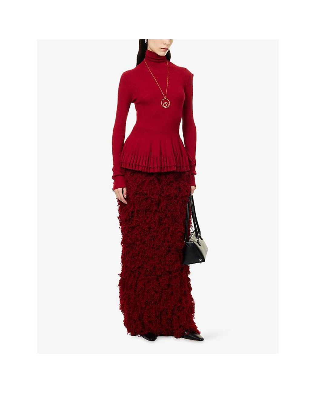 Ashlyn Red Split-Hem Knitted Wool Maxi Skirt