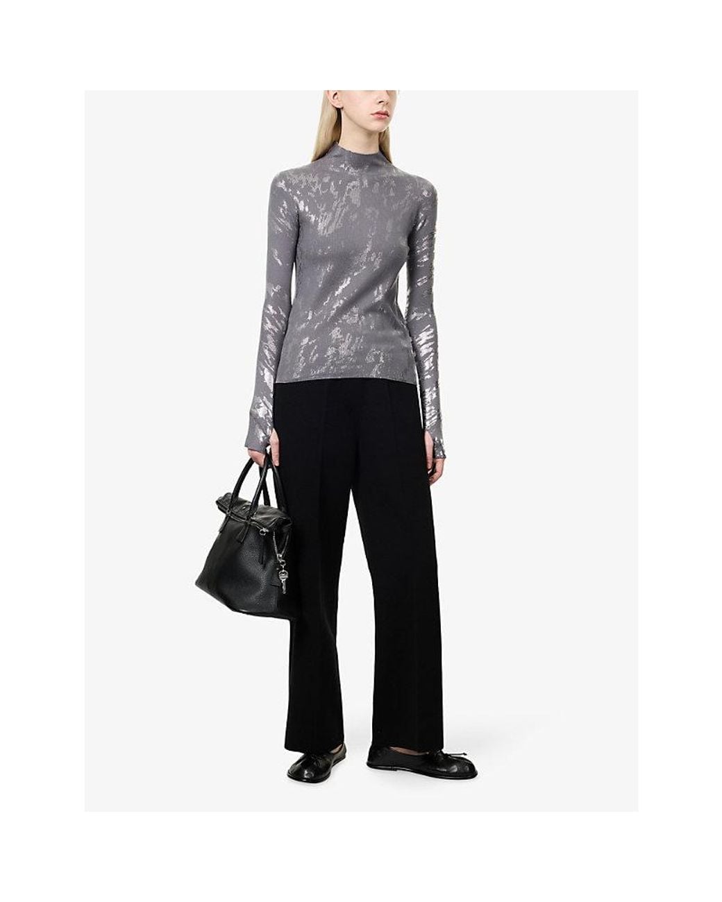 CFCL Gray Soft Portrait Foil High-Neck Long-Sleeve Knit Top