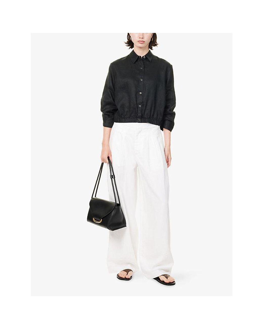 Theory Black Short-Sleeve Belted Linen-Blend Blazer
