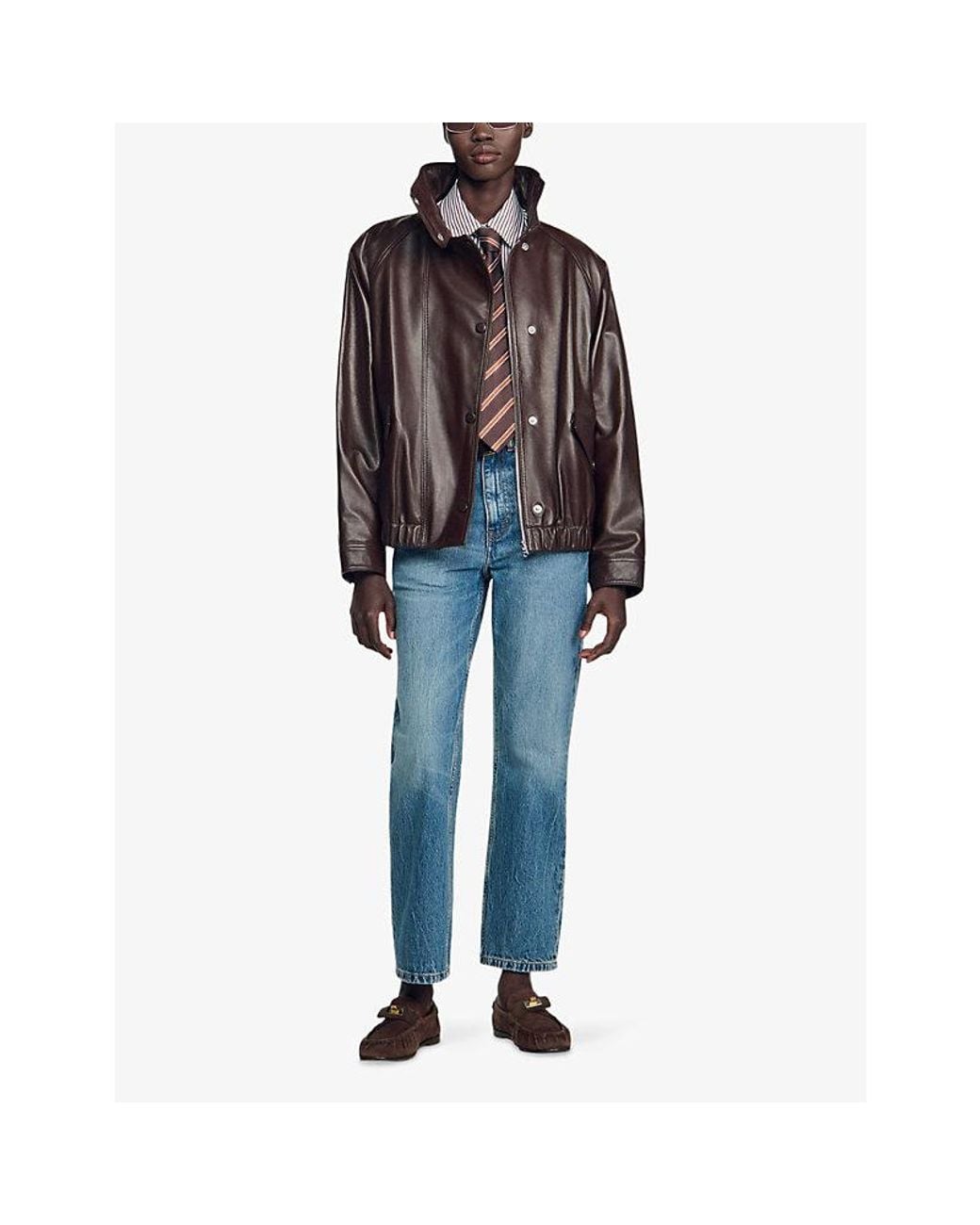 Sandro Brown Oversized Funnel-Neck Leather Jacket