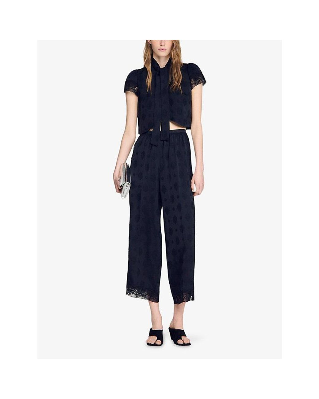 Sandro Black Paisley Jacquard Crop Woven Top