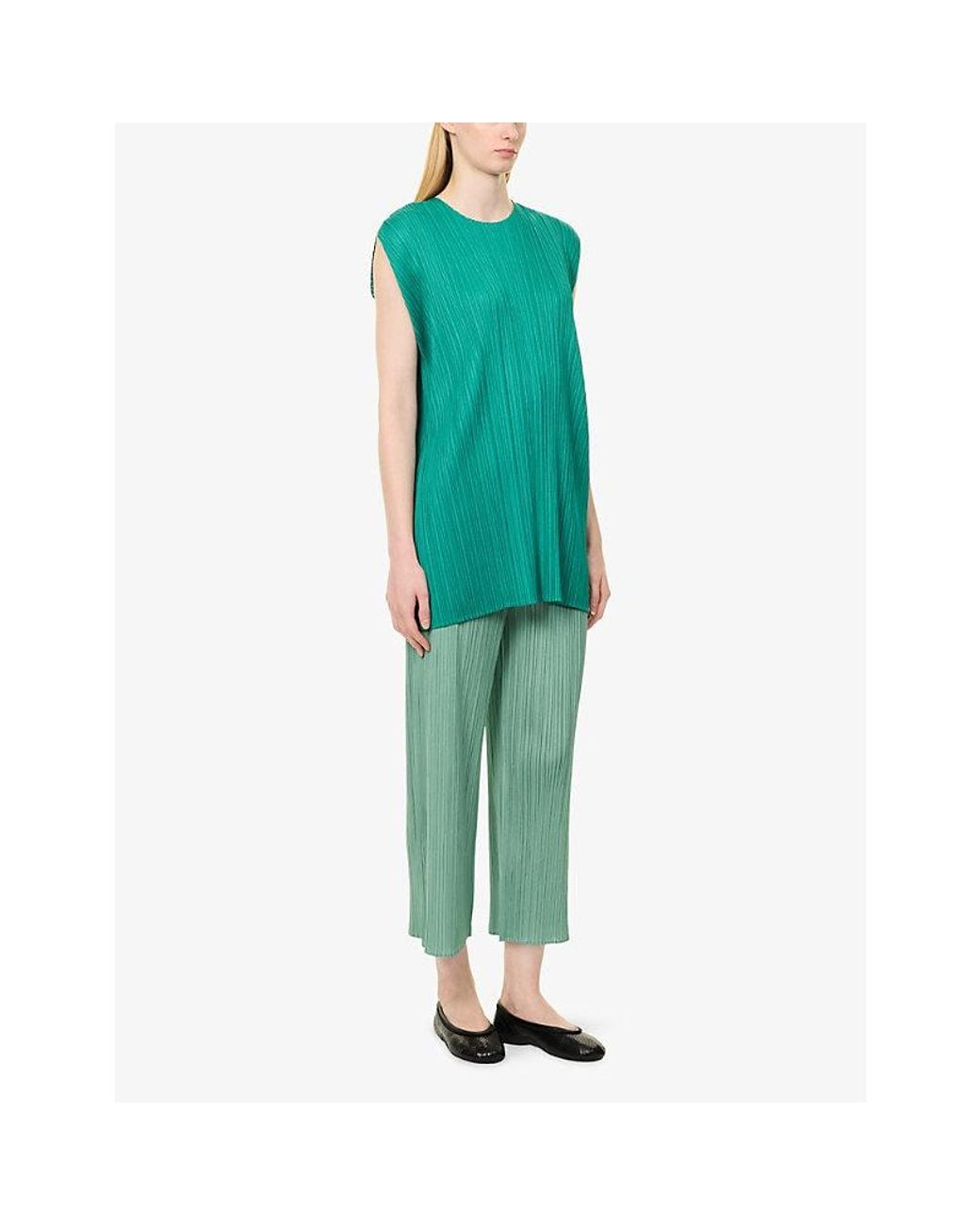Pleats Please Issey Miyake Green Boxy-Fit Pleated Knitted Dress
