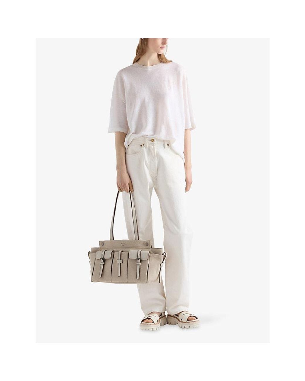 Prada White Route Large Canvas And Leather Tote Bag