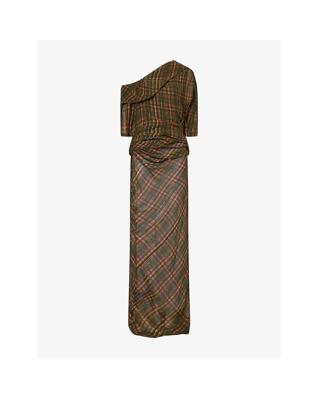 Dries Van Noten Green Dellae Metallic Tartan-Pattern Woven Maxi Dress