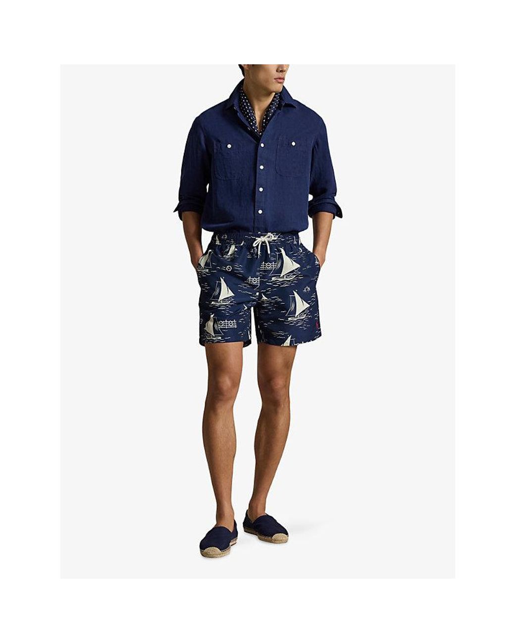 Polo Ralph Lauren Blue Boat-Print Woven Swim Trunks for men