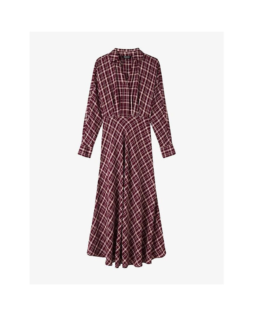 Whistles Red Checked Long-Sleeve Woven Midi Dress