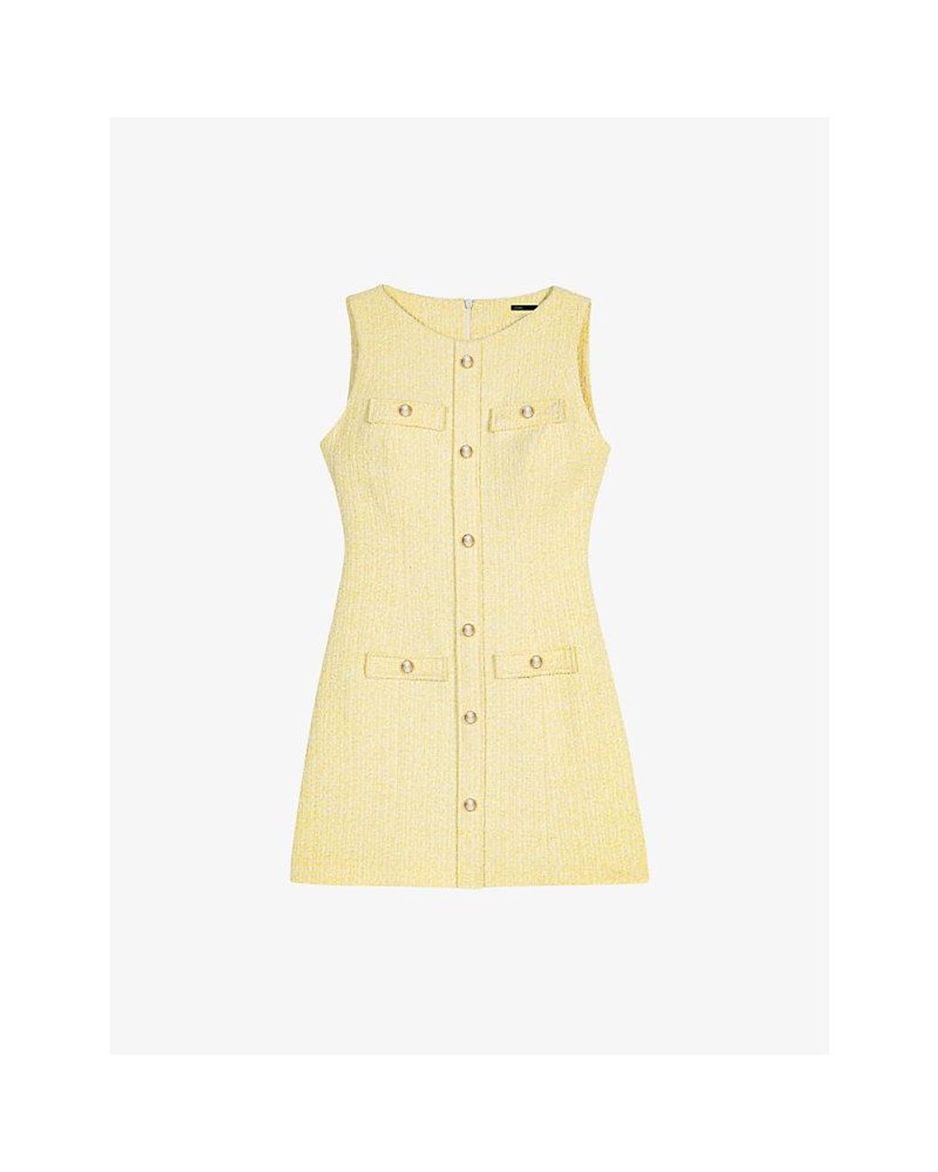 Maje Yellow Sleeveless Button-Front Tweed Mini Dress