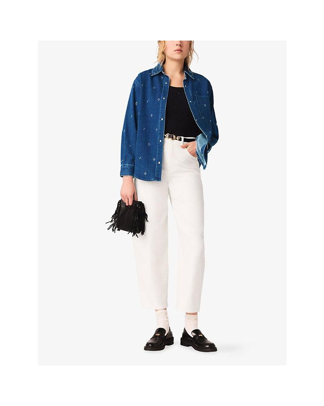 Maje Blue Rhinestone-Embellished Denim Shirt