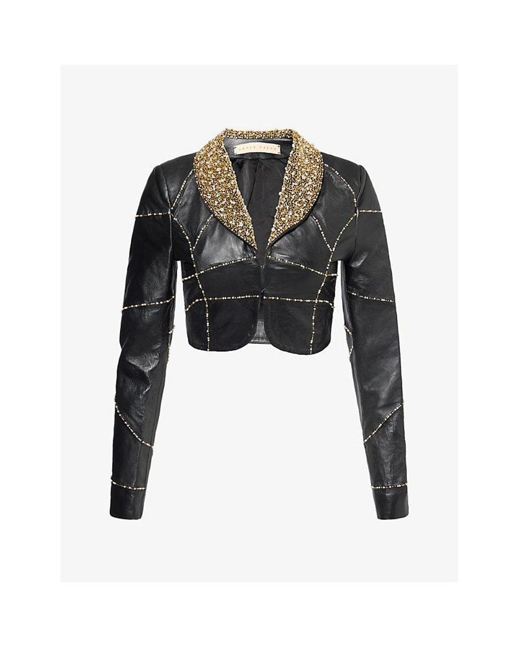 GRACE FAENA Black Beaded Cropped Leather Jacket