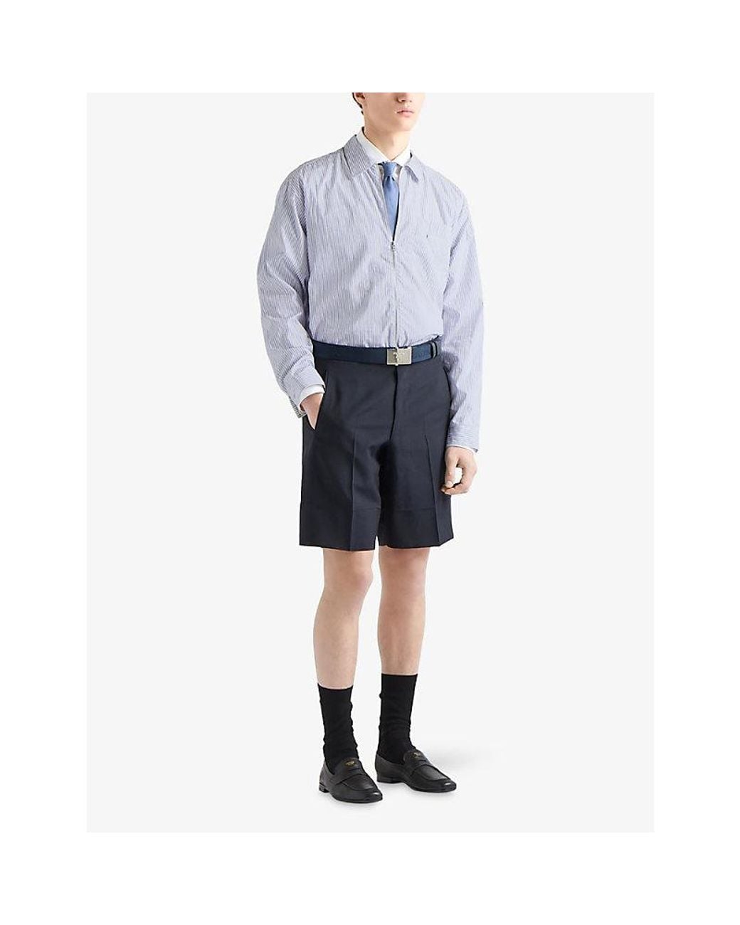 Prada Blue Stripe-Print Zipper Cotton Shirt for men