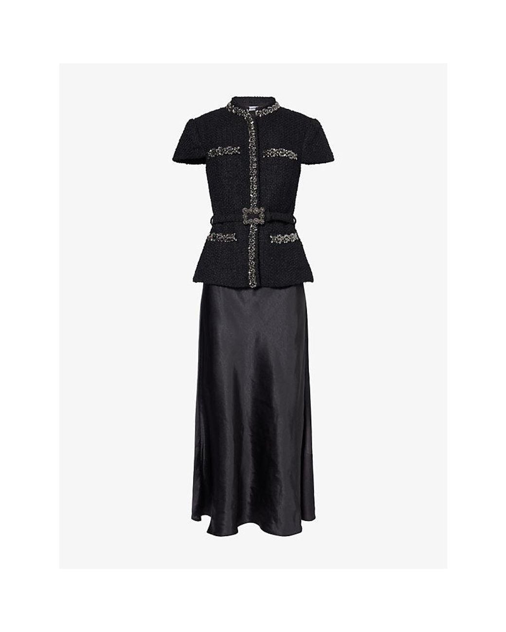 Self-Portrait Black Crystal-Trim Bouclé And Satin Midi Dress