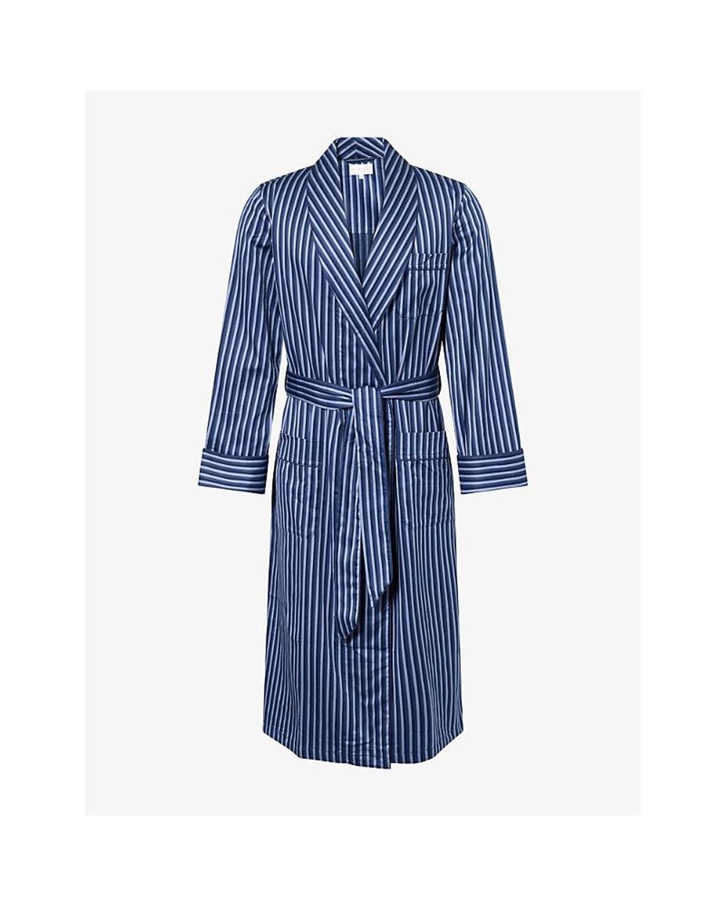 Derek Rose Blue Wellington Stripe Cotton Robe for men