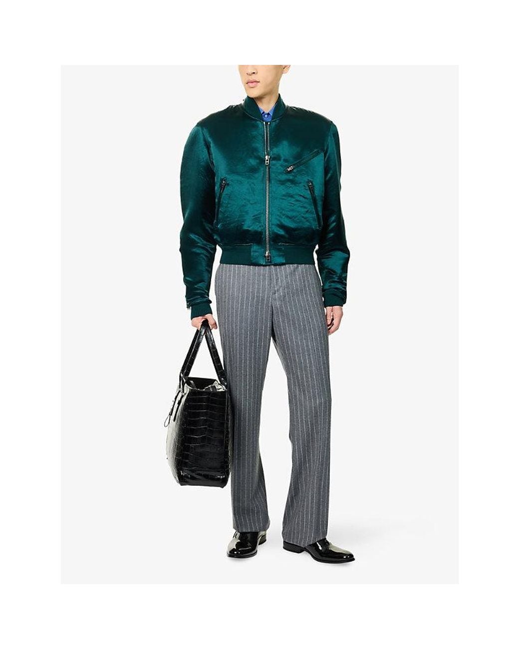 Tom Ford Blue Varsity Zip Satin Bomber Jacket for men