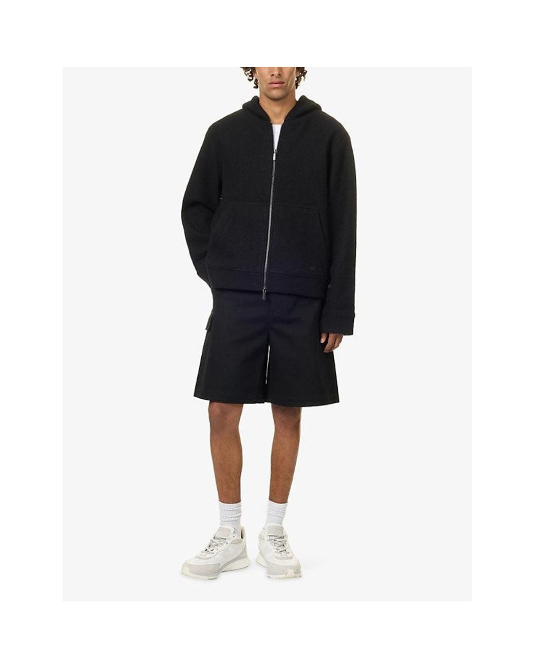 Emporio Armani Black Hooded Zip-Up Wool-Blend Jacket for men
