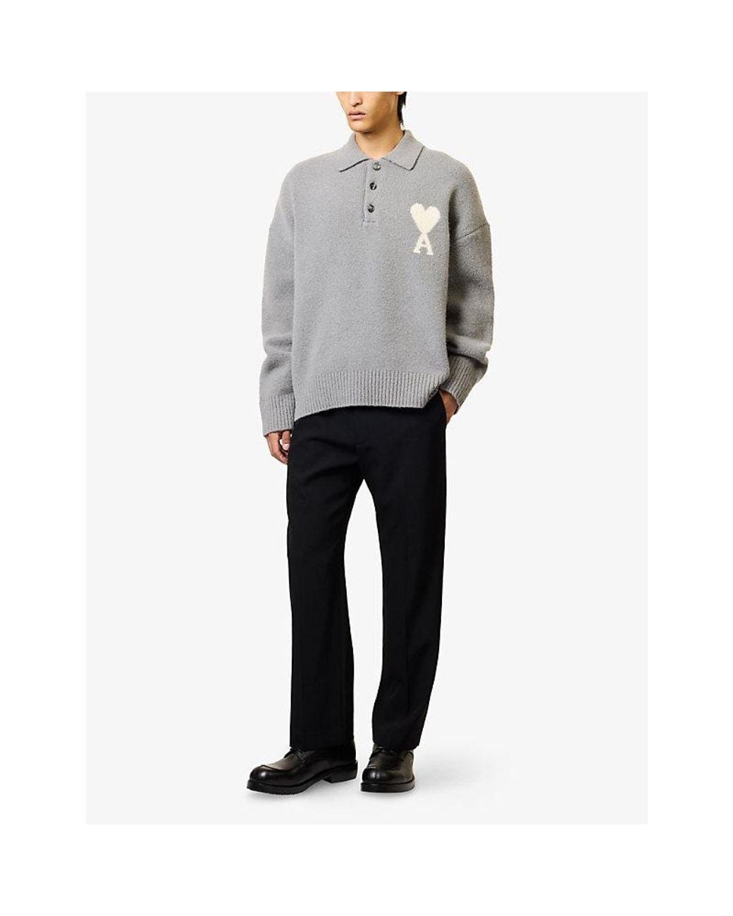 AMI Gray Boxy-Fit Alpaca Wool Knit Polo Jumper for men