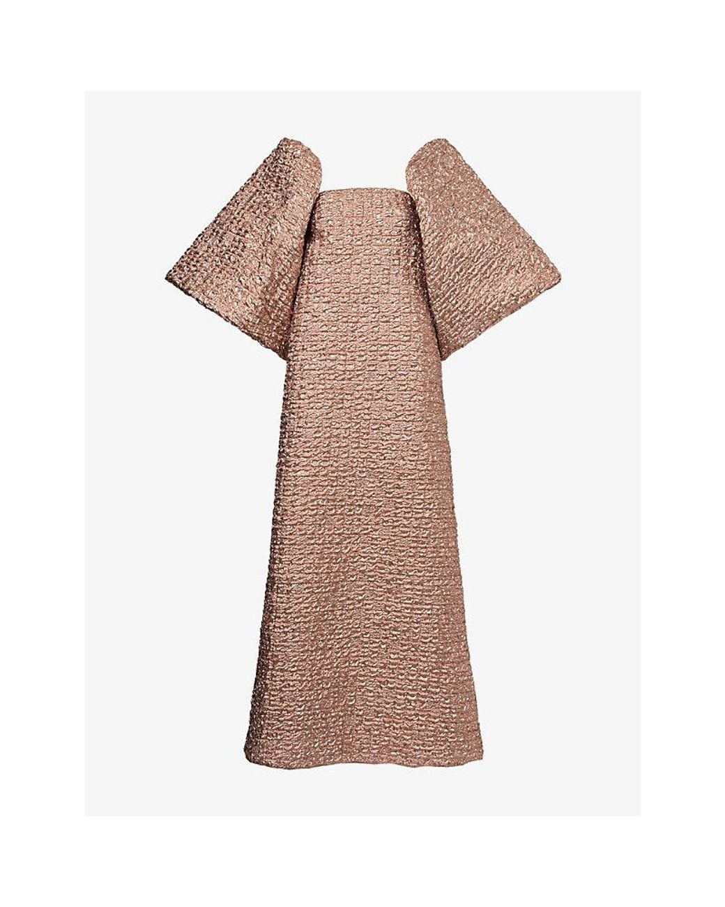 Dima Ayad Natural Metallic Strapless Puff Sleeves Woven Dress