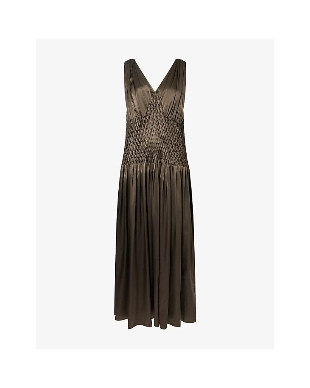 Khaite Brown Nola Smocked-Waist Silk Maxi Dress