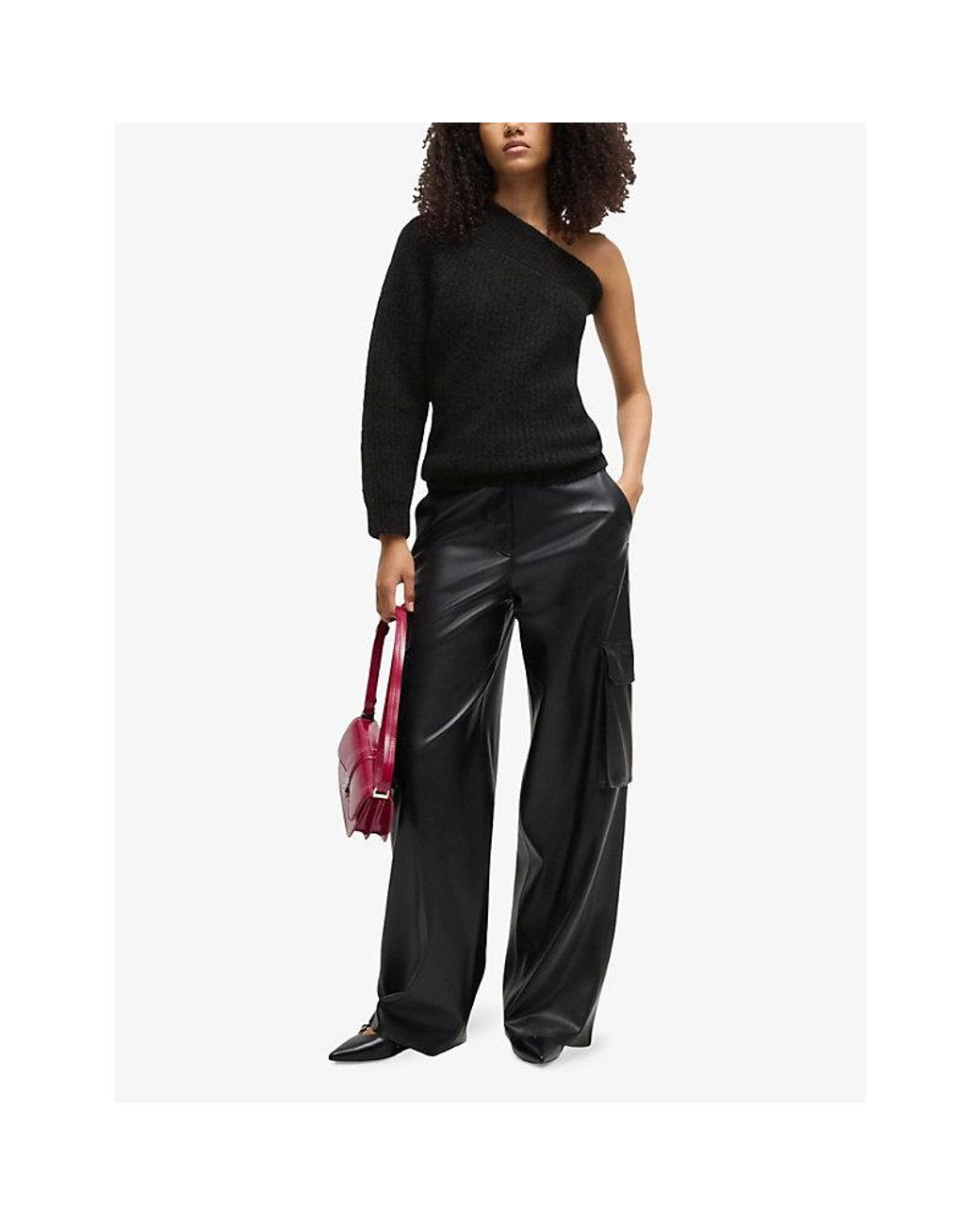 HUGO Black One-Shoulder Brushed-Texture Stretch-Knit Jumper