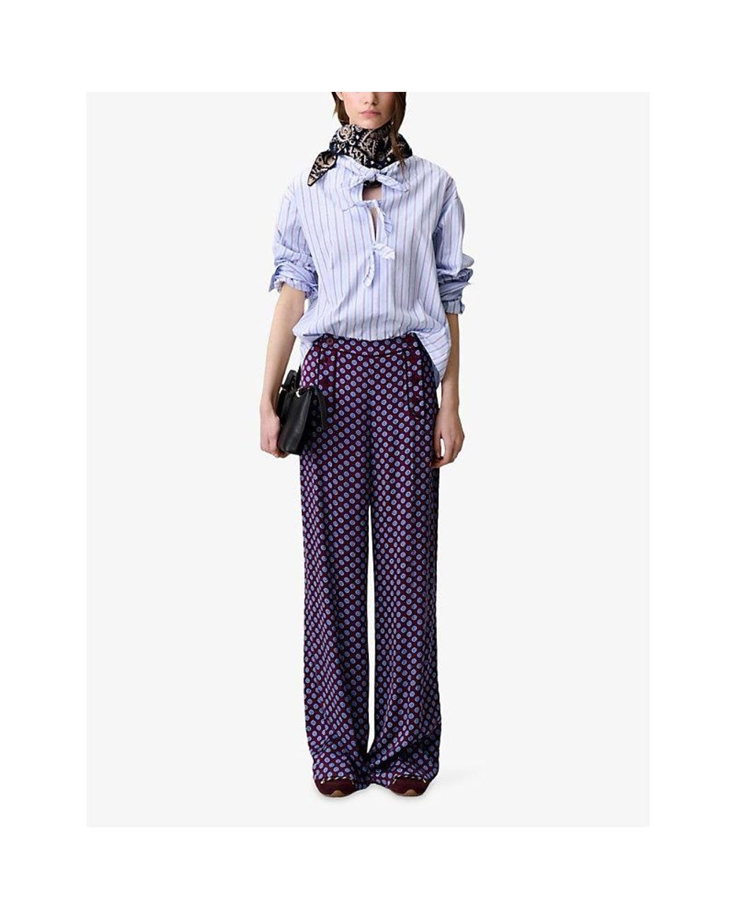 Claudie Pierlot Purple Abstract-Print Straight-Leg Satin Trousers