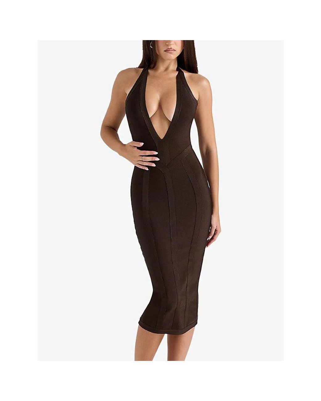House Of Cb Brown The Sculpt Halter-Neck Bandage Stretch-Woven Midi Dress