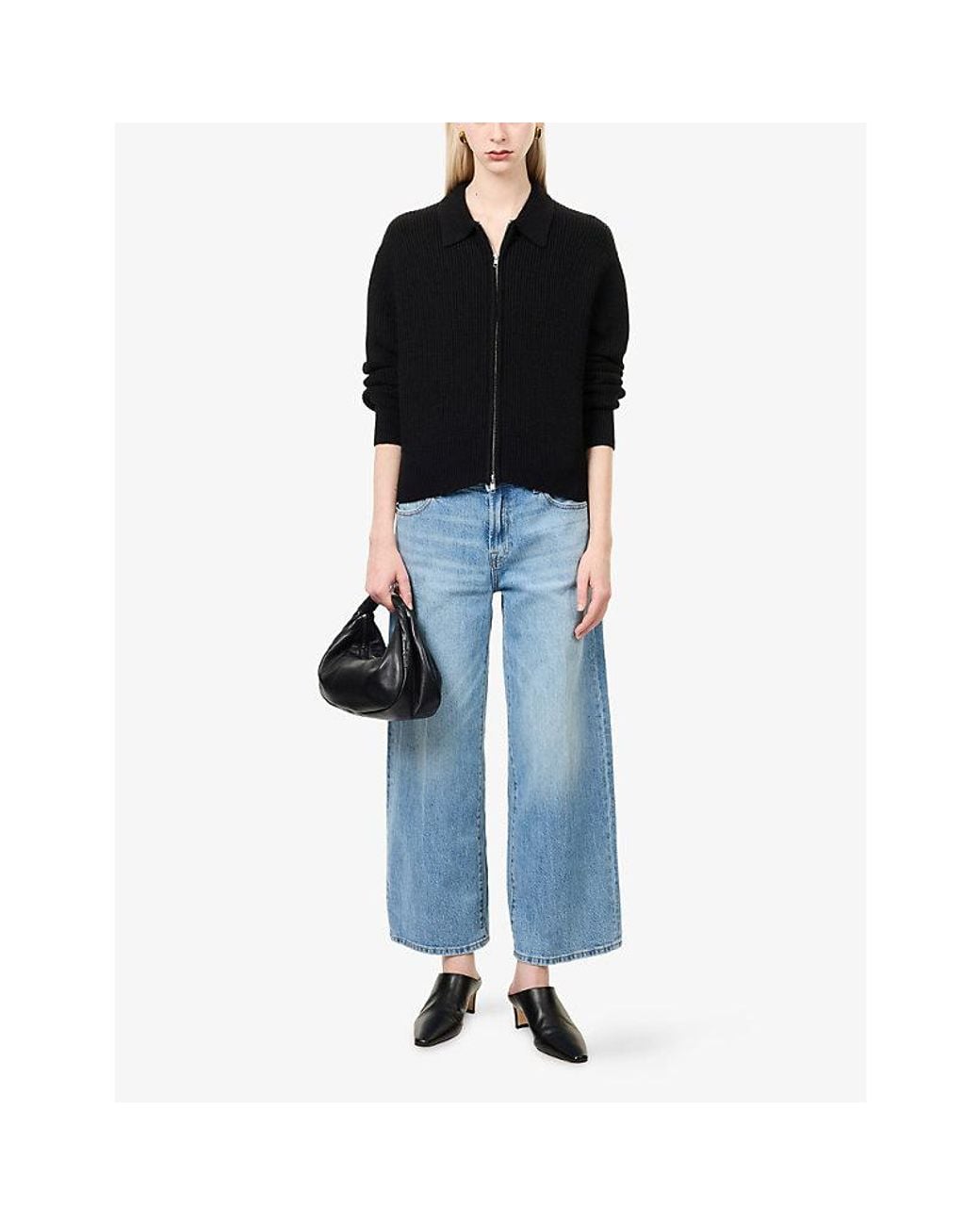 GOOD AMERICAN Black The Zip Up Polo Woven Cardigan