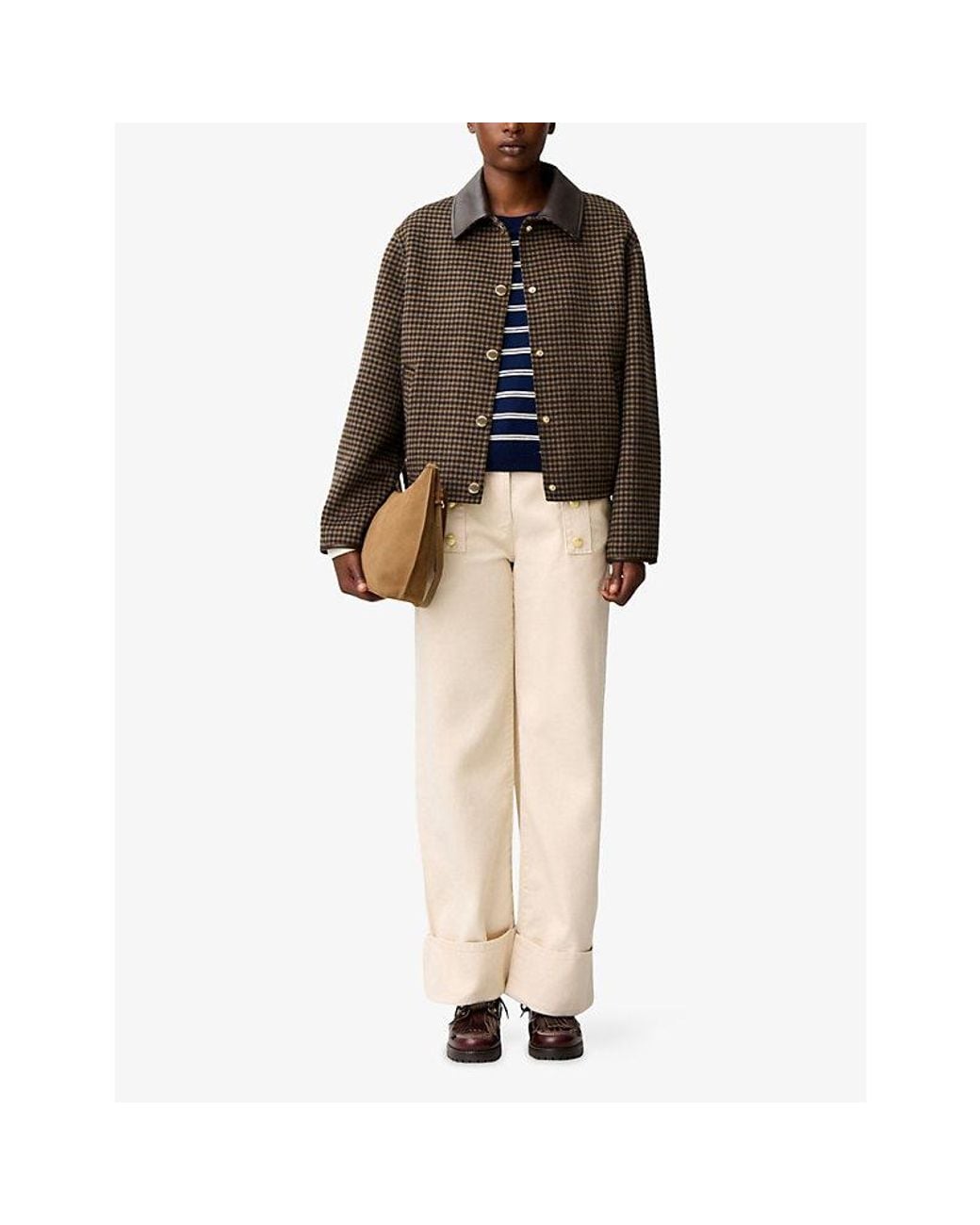 Claudie Pierlot Brown Leather-Collar Checked Wool-Blend Jacket