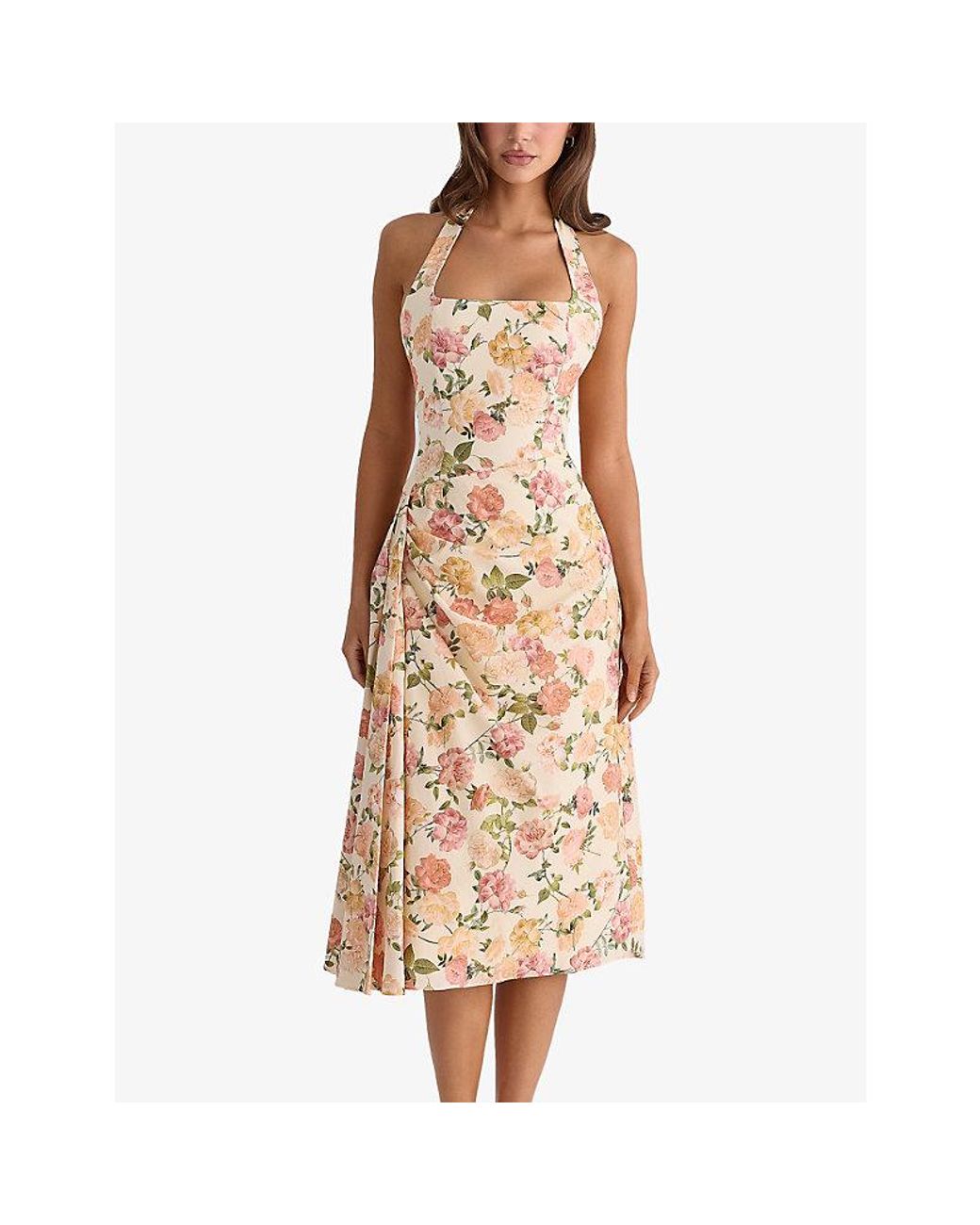 House Of Cb Metallic Tallulah Floral-Print Halterneck Stretch-Cotton Midi Dress Xs (A-C Cup)
