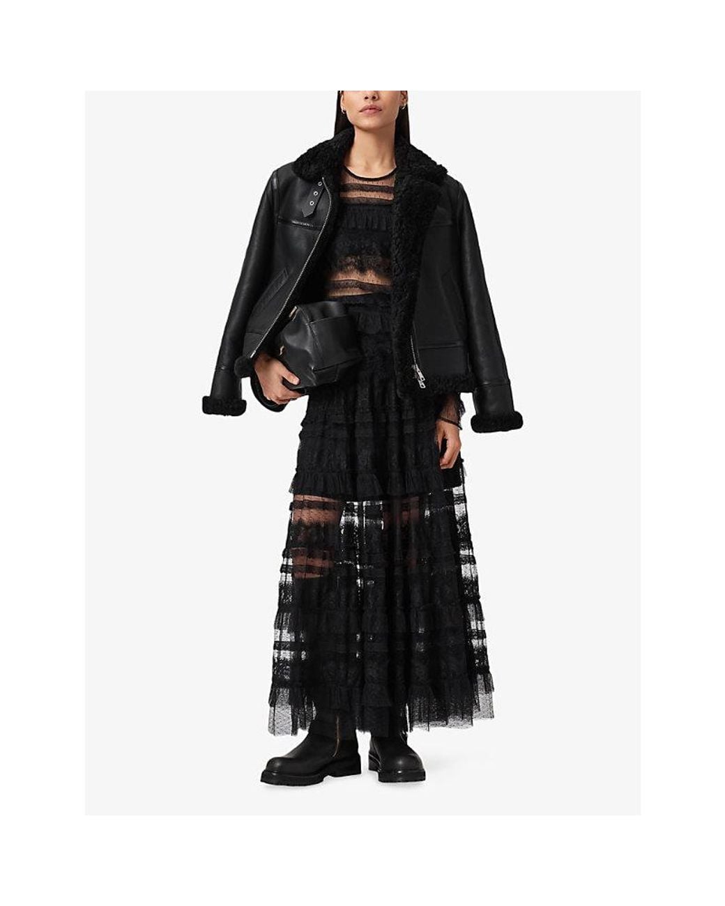 AllSaints Black Lorel Wool-Trim Regular-Fit Sheepskin Jacket