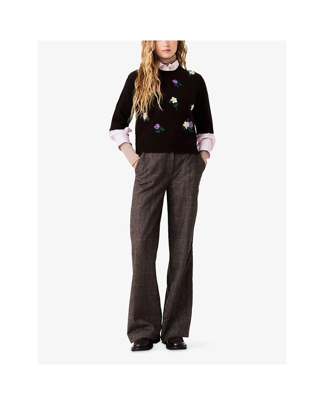 Maje Black Floral-Embroidered Short-Sleeve Wool-Blend Jumper