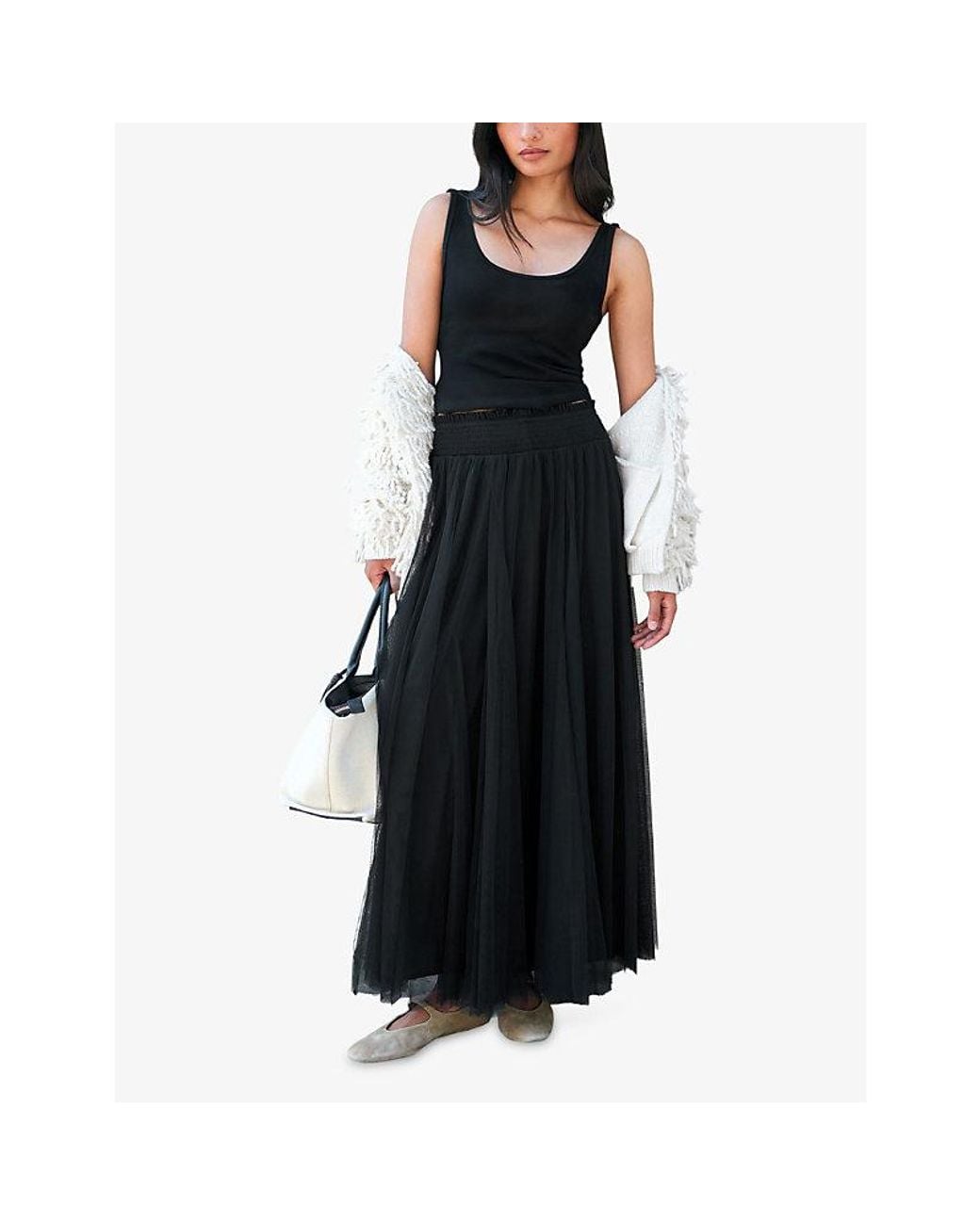 Ro&zo Black Tulle Shirred-Waist Woven Maxi Skirt