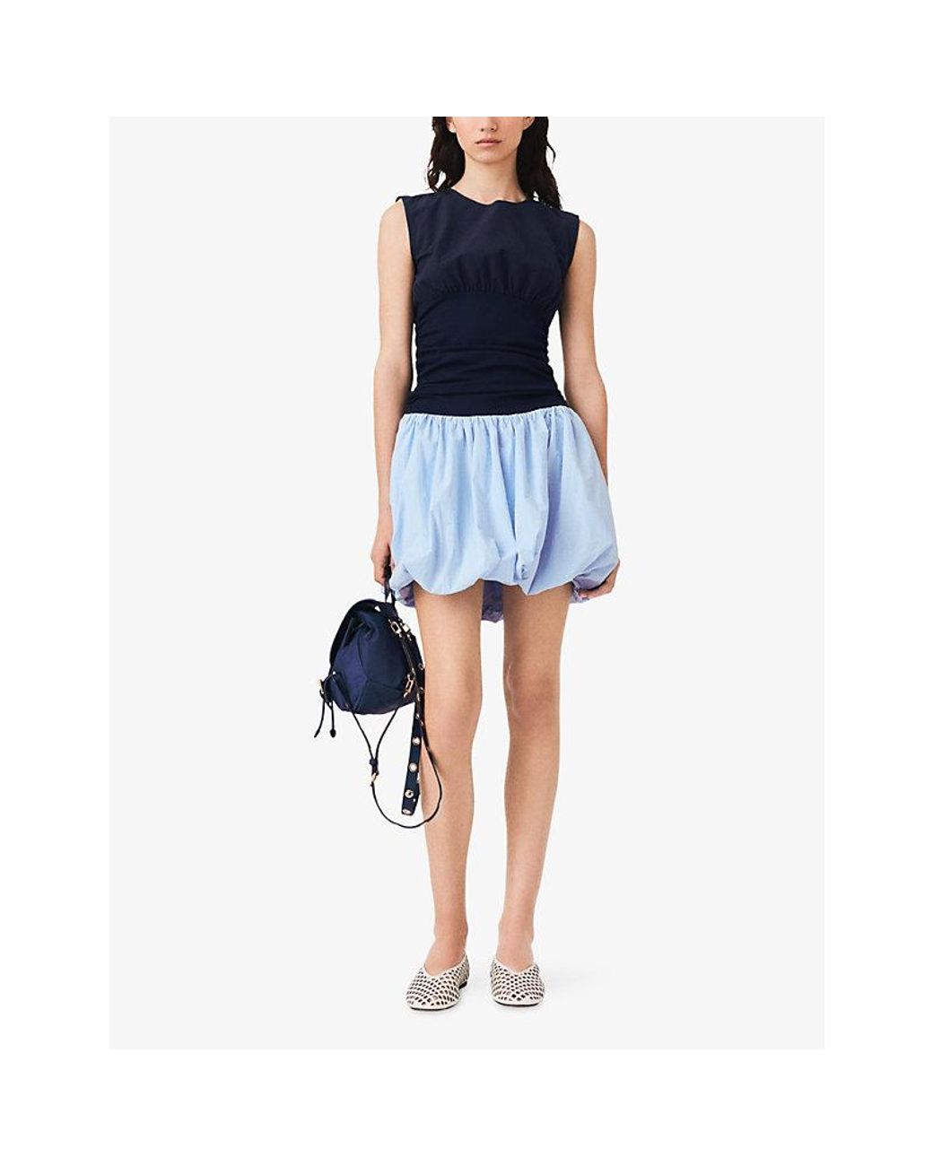 Maje Blue Contrast-Panel Pleated Stretch-Jersey Mini Dress