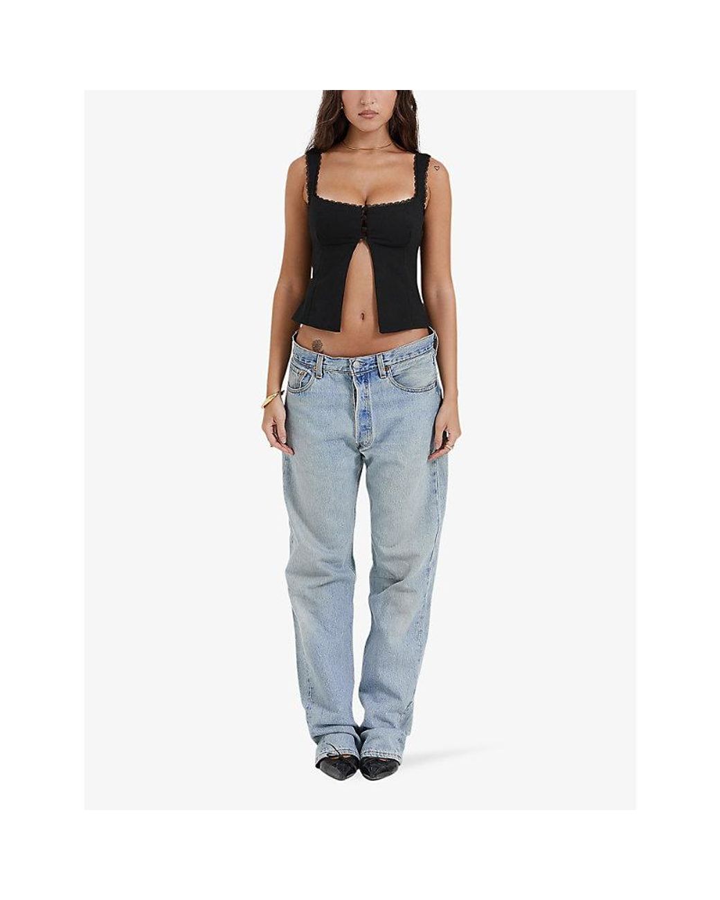 House Of Cb Black Noura Square-Neck Stretch-Cotton Top
