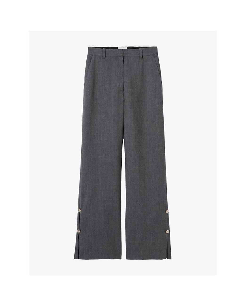 Claudie Pierlot Gray Wide-Leg Button-Hem Wool Trousers